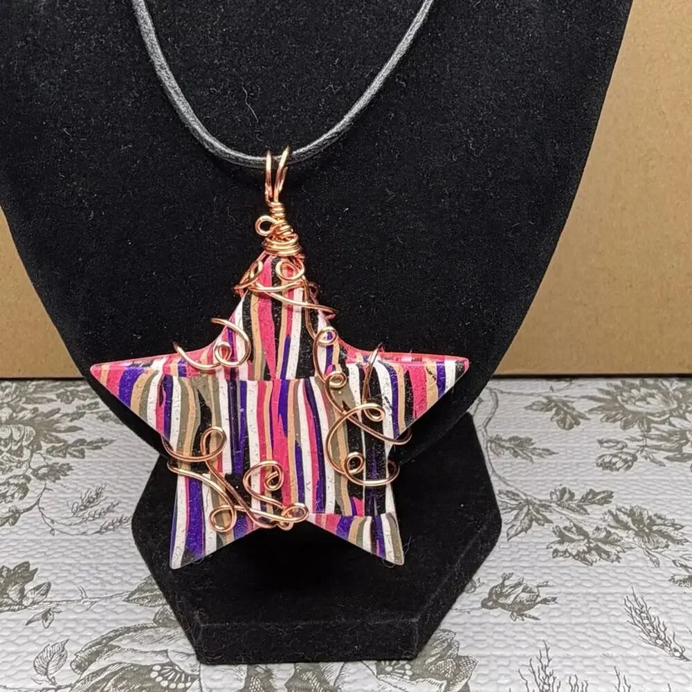 Cooper wire wrap star necklace leather cord